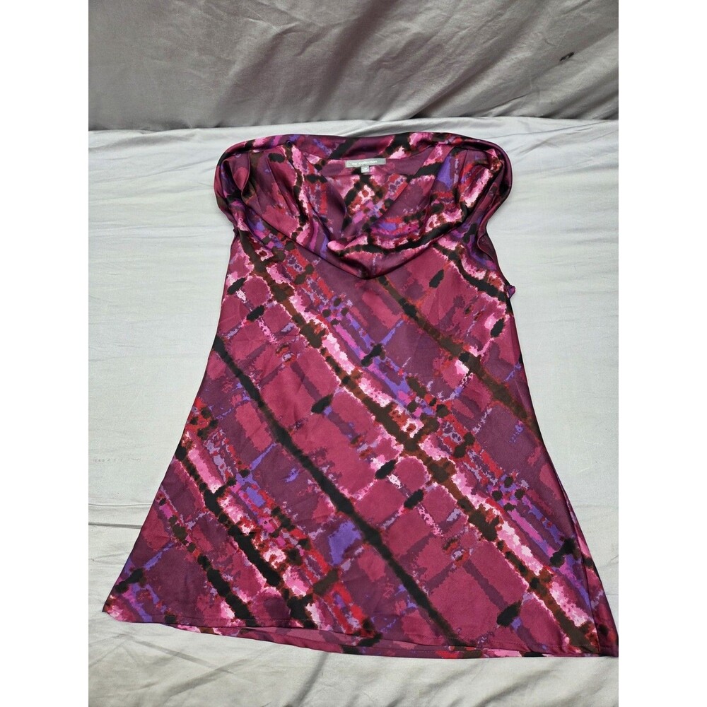 NY Collection Top XL Pink Fuchsia Purple Abstract Plaid Cowl Neck Satin Blouse